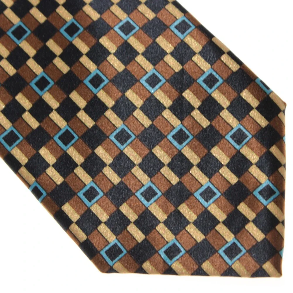 Italo Ferretti NWT Neck Tie in Browns & Blues Geometric Print 100% Silk